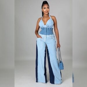 Two-piece Denim Outfit - Bustier Top And Wide-leg Jean